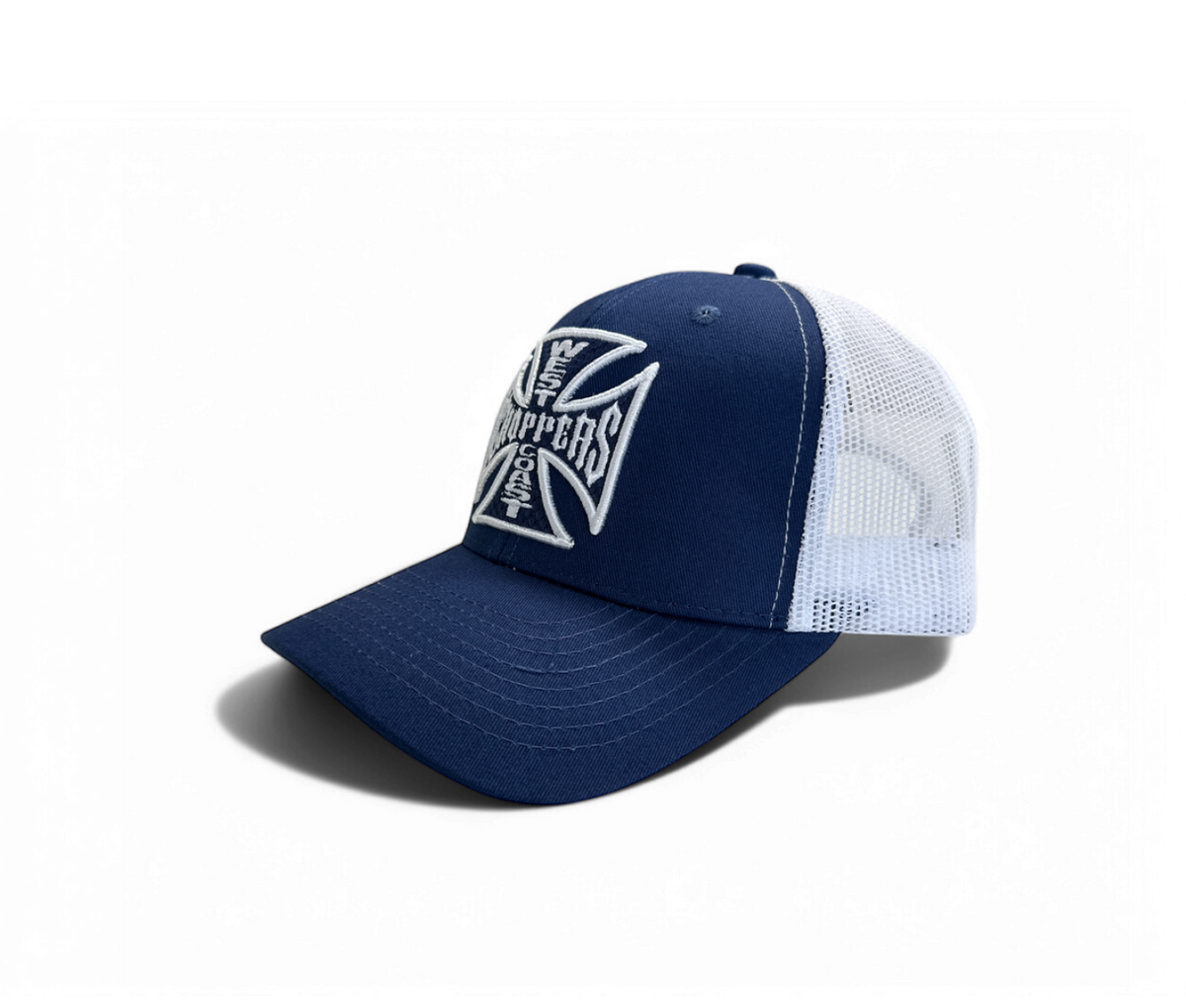 OG CROSS 6 PANEL TRUCKER HAT - NAVY/WHITE – West Coast Choppers