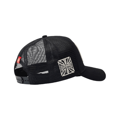 WCC MOTORCYCLE CO. 5 PANEL TRUCKER HAT - BLACK - West Coast Choppers