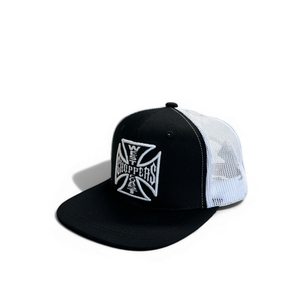 OG CROSS 6 PANEL FLATBILL HAT - BLACK/WHITE – West Coast Choppers