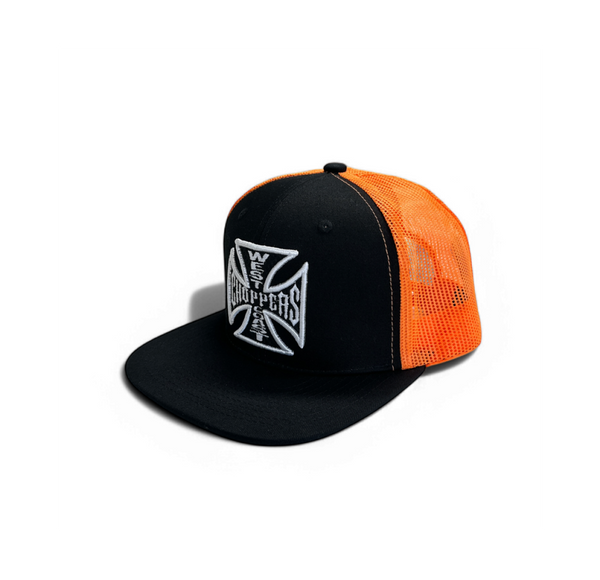OG CROSS 6 PANEL FLATBILL HAT - BLACK/ORANGE – West Coast Choppers OG CROSS 6 PANEL FLATBILL HAT - BLACK/ORANGE – West Coast Choppers